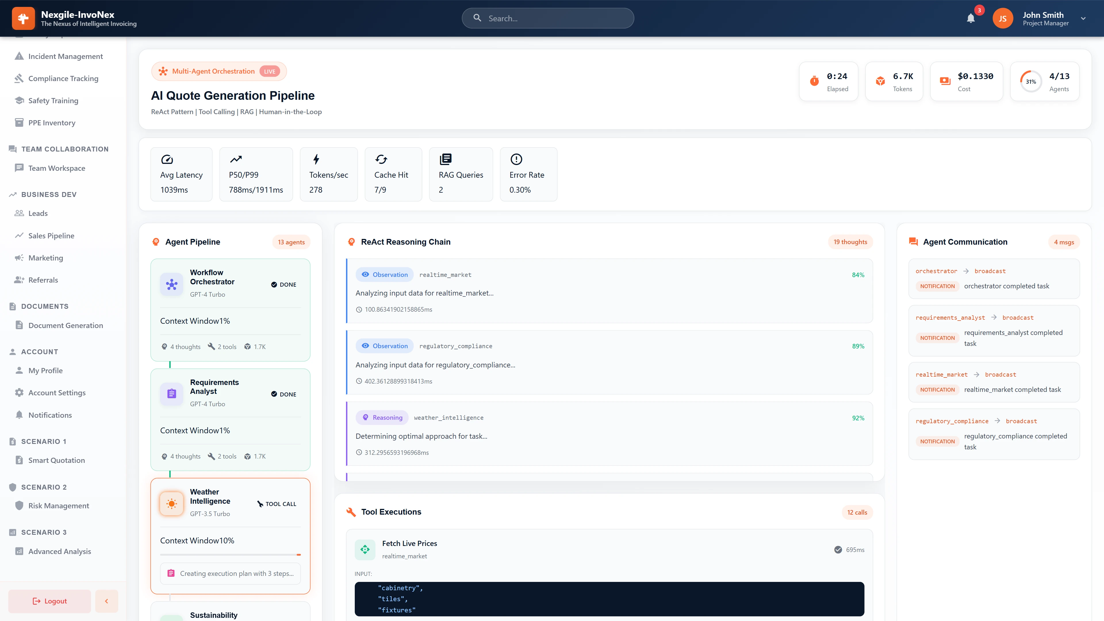 AI Quote Generation Pipeline - Live multi-agent orchestration showing ReAct reasoning chain, agent status, and real-time tool executions fetching market prices.